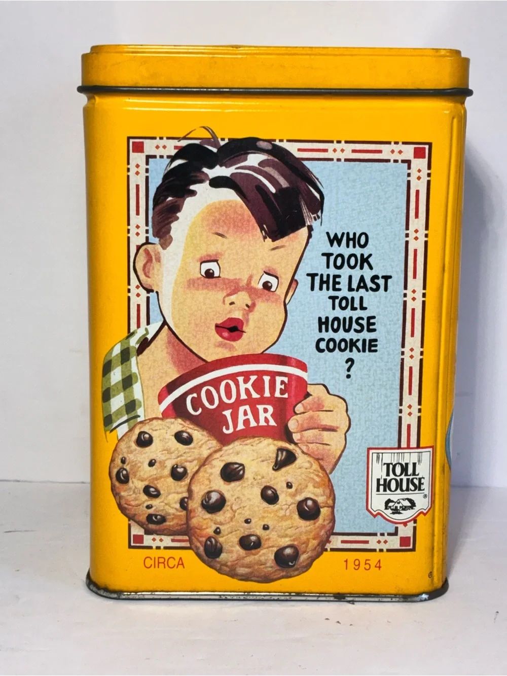 Vintage Nestlé Toll House Cookie Tin 1939 1942 1954 Yellow Metal Canister